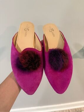 Yosi Samra Magenta Suede Pom-Pom Mules